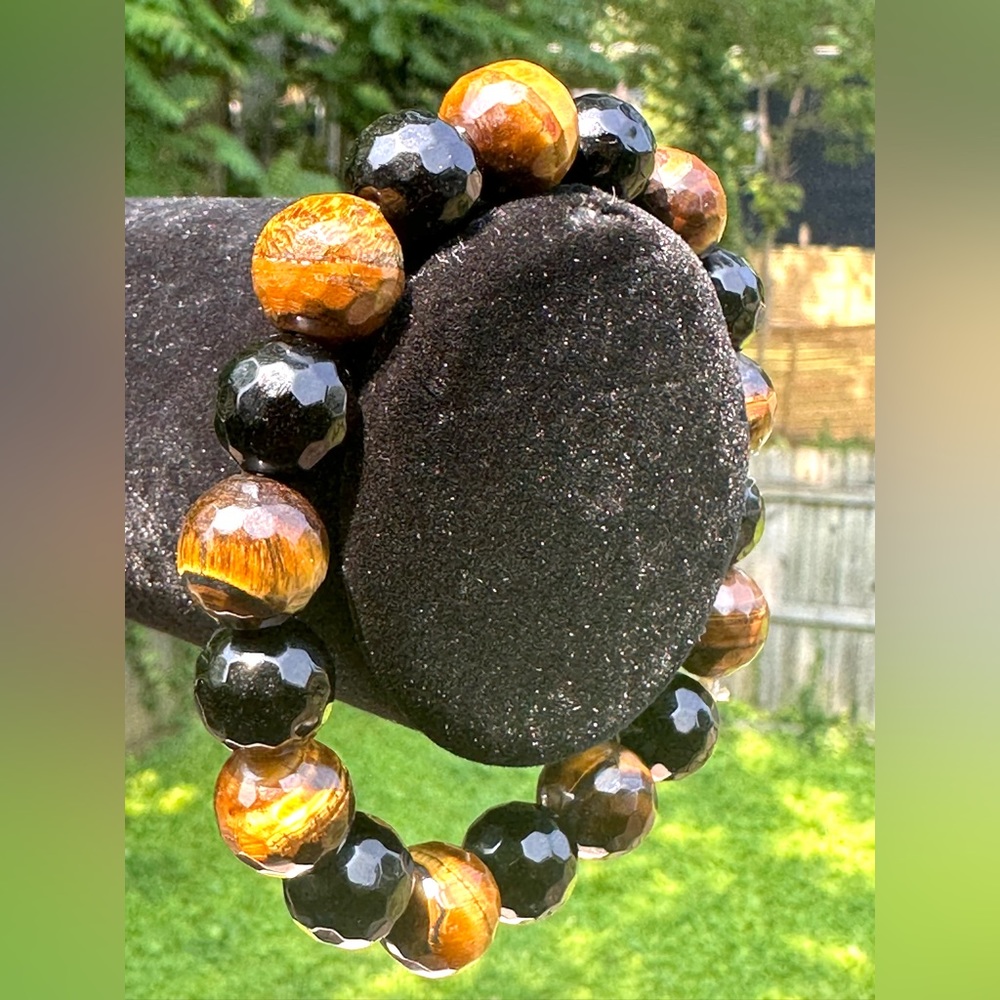14 mm Faceted Multicolor Tigers Eye mixed Faceted black onyx Stretch Bracelet